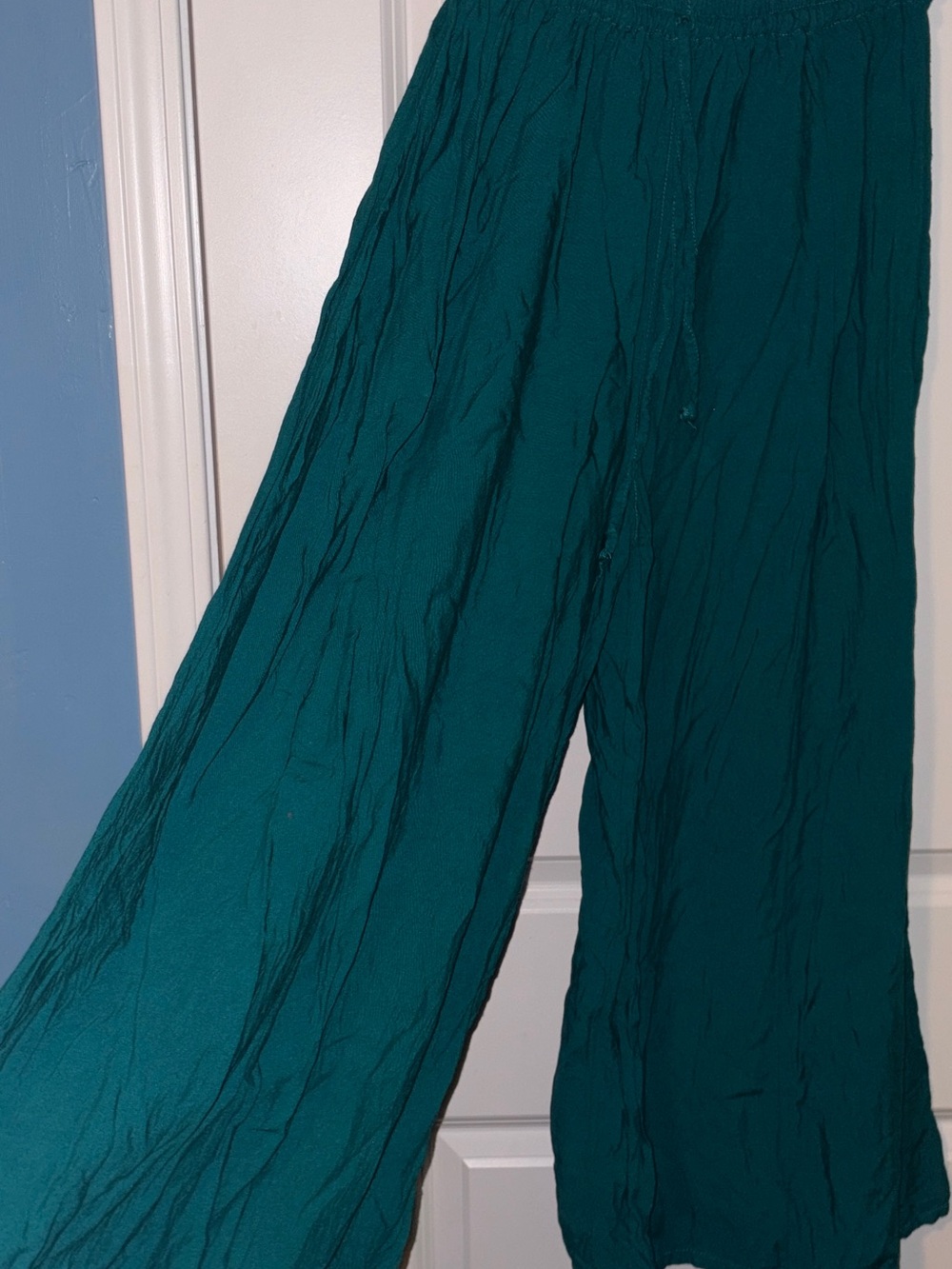 Smocked-Waist Wide Leg Pants in Teal Green